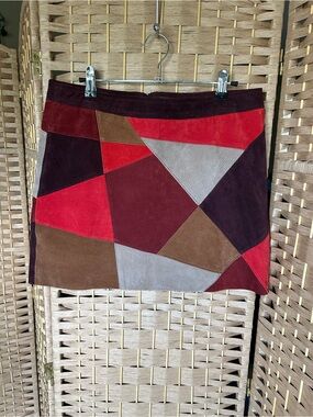 Boston Proper Patchwork Suede Mini Skirt in Red, Brown & Gray
